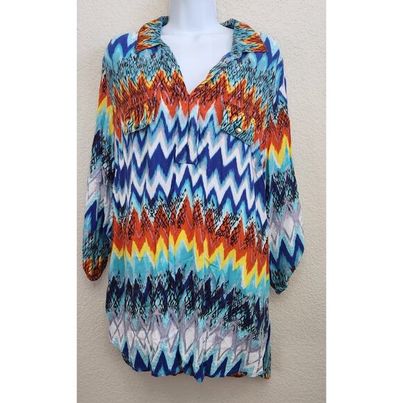 Cato Blue Orange Yellow Stripes Hi Low V Neck Collard Top 26 28 Lightweight Soft - Picture 1 of 5